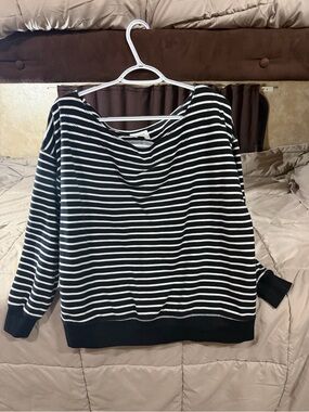 American Eagle Black and White Striped Crew Top